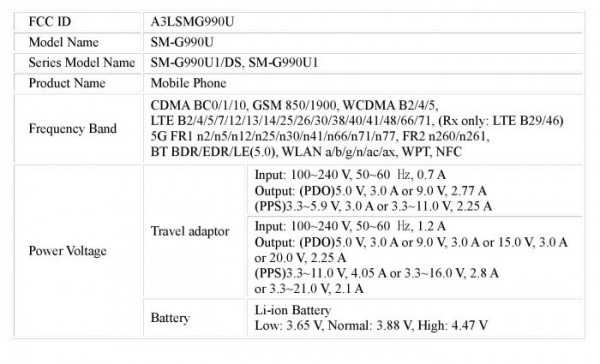 Samsung Galaxy S21 FE 45W Sạc nhanh Chứng nhận FCC